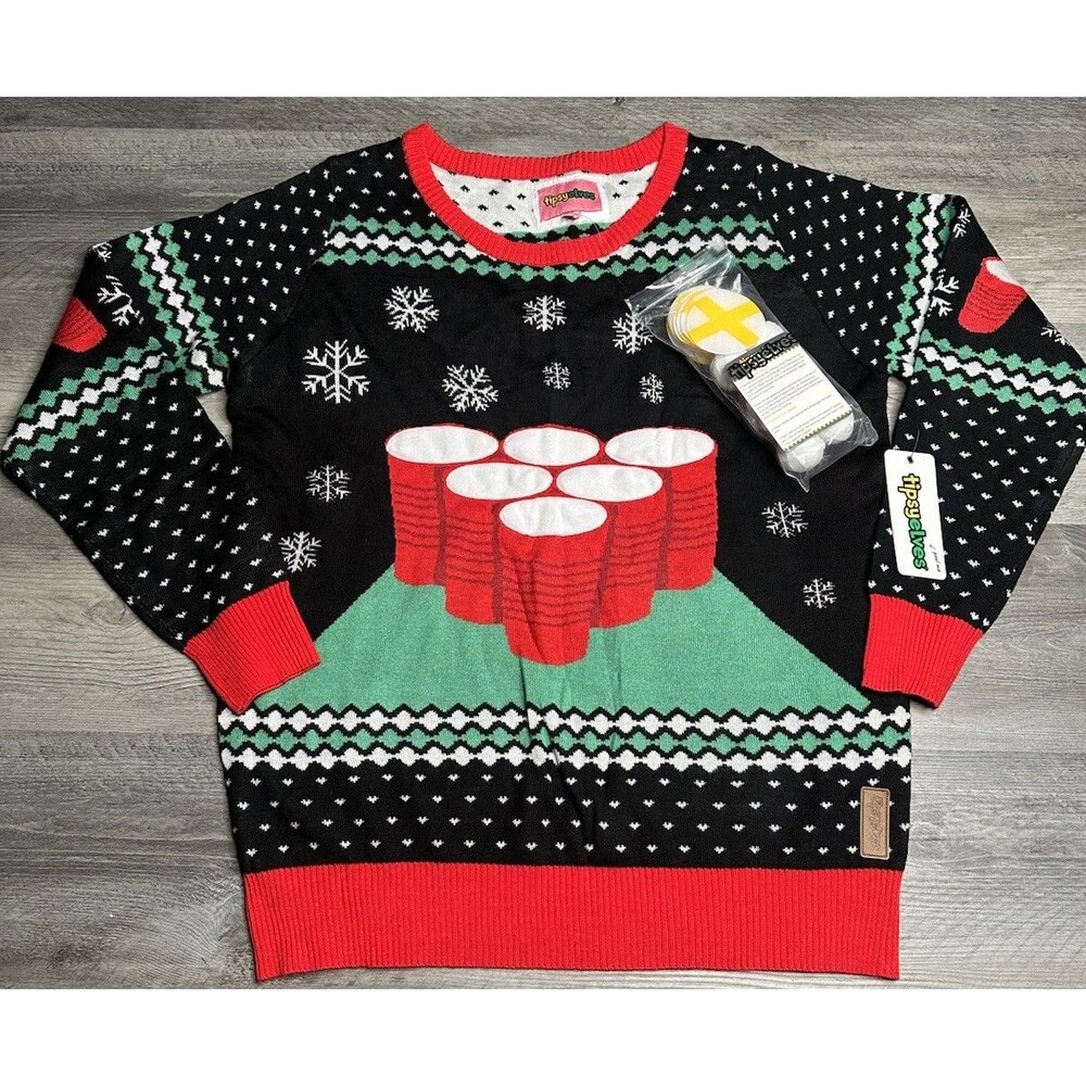 TIPSY ELVES Xmas Sweater Unisex “ Beer Pong ”  Ugly Christmas Sweater Large NWT
